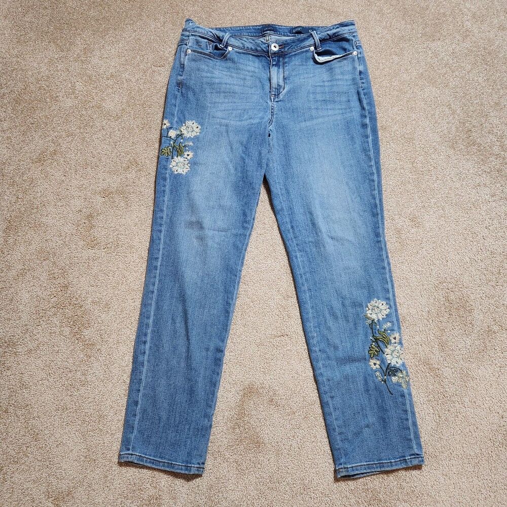 J. Jill Women 12 Embroidered Weekender Mid Rise Straight Leg Jeans Stretch Denim